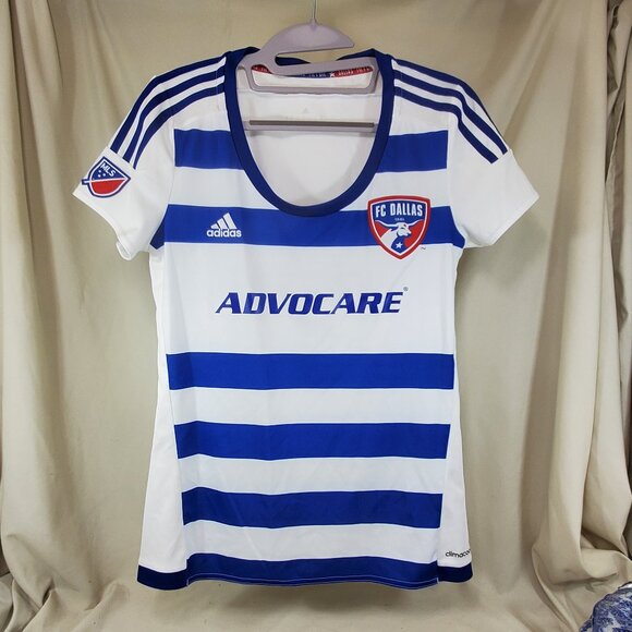 FC DALLAS Blue and White Adidas Advocare Jersey VNeck Top SMALL S - Picture 1 of 3